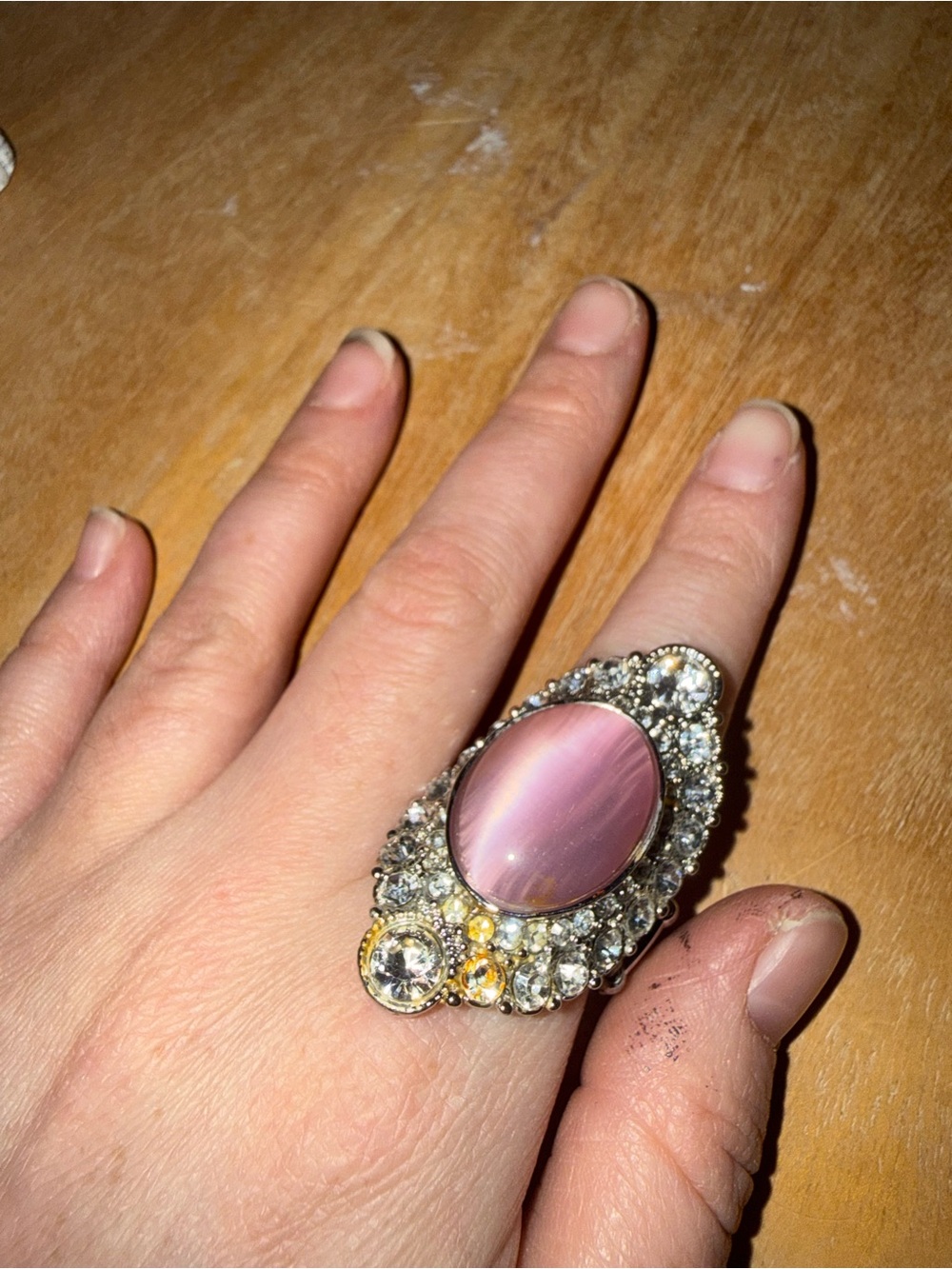 Statement Pink Cat's Eye Cocktail Ring with Crystal Halo